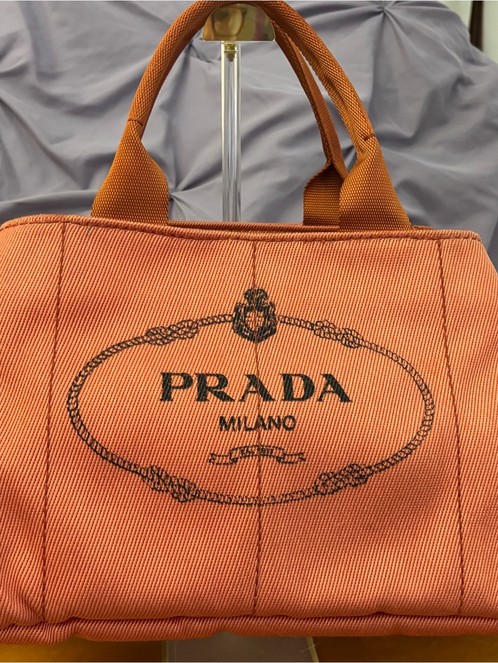Prada Large Coral-Orange Canvas Tote with Logo